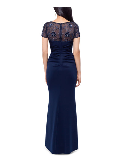 XSCAPE Womens Navy Embellished Pleated Zippered Wrap Skirt Lined Short Sleeve Boat Neck Full-Length Evening Gown Dress 8