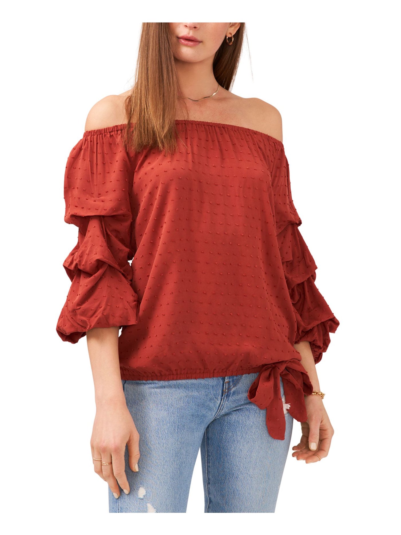 VINCE CAMUTO Womens Brown Ruffled 3/4 Sleeve Off Shoulder Party Top XS