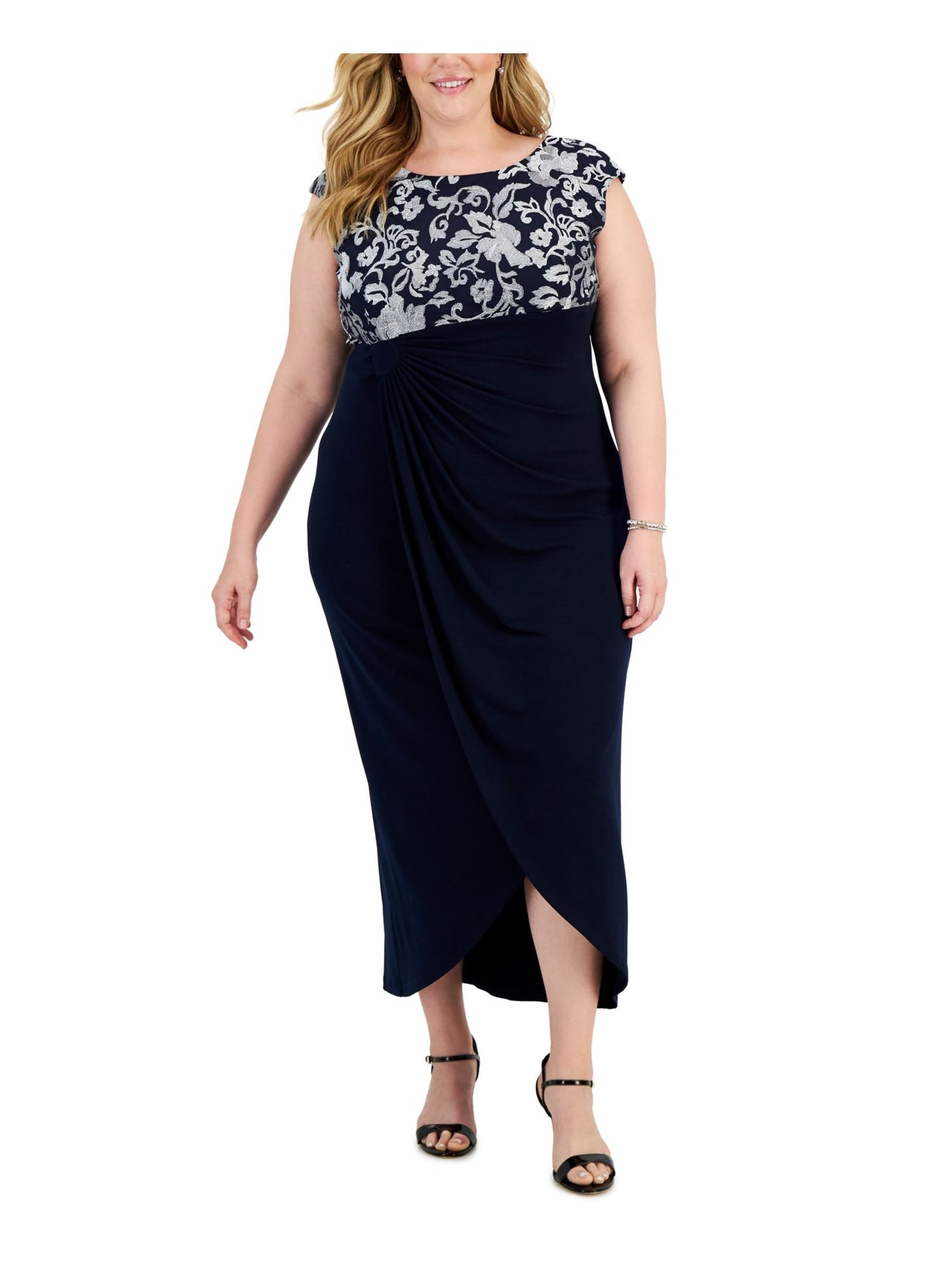 CONNECTED APPAREL Womens Navy Embroidered Gathered Waist Tulip Hem Cap Sleeve Round Neck Full-Length Evening Gown Dress Plus 24W