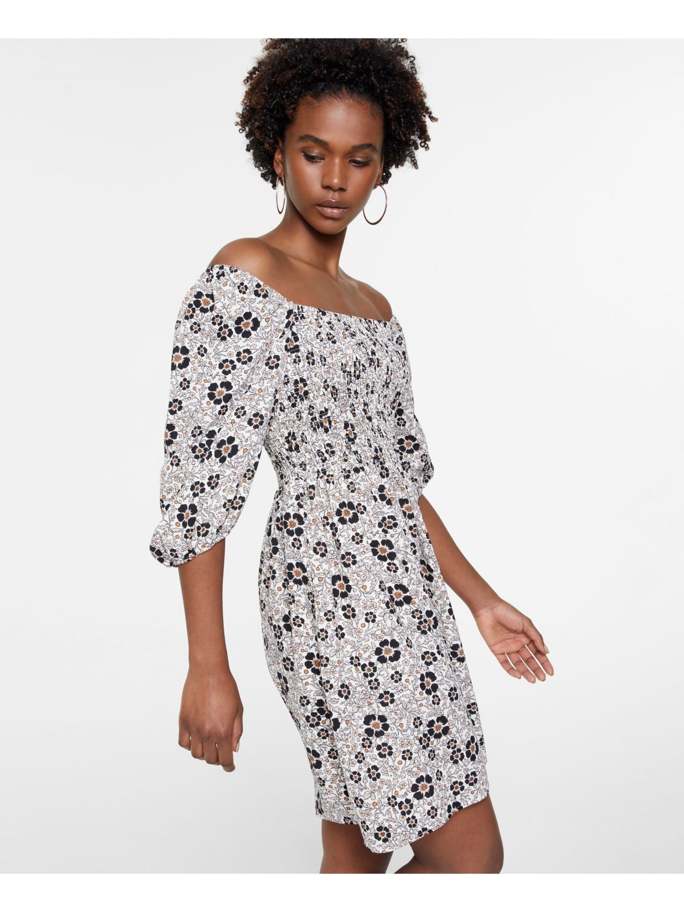 BAR III DRESSES Womens Ivory Smocked Pullover Lined Floral 3/4 Sleeve Off Shoulder Short Party Fit + Flare Dress XL