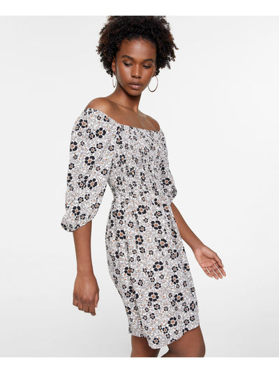 BAR III DRESSES Womens Ivory Smocked Pullover Lined Floral 3/4 Sleeve Off Shoulder Short Party Fit + Flare Dress XL