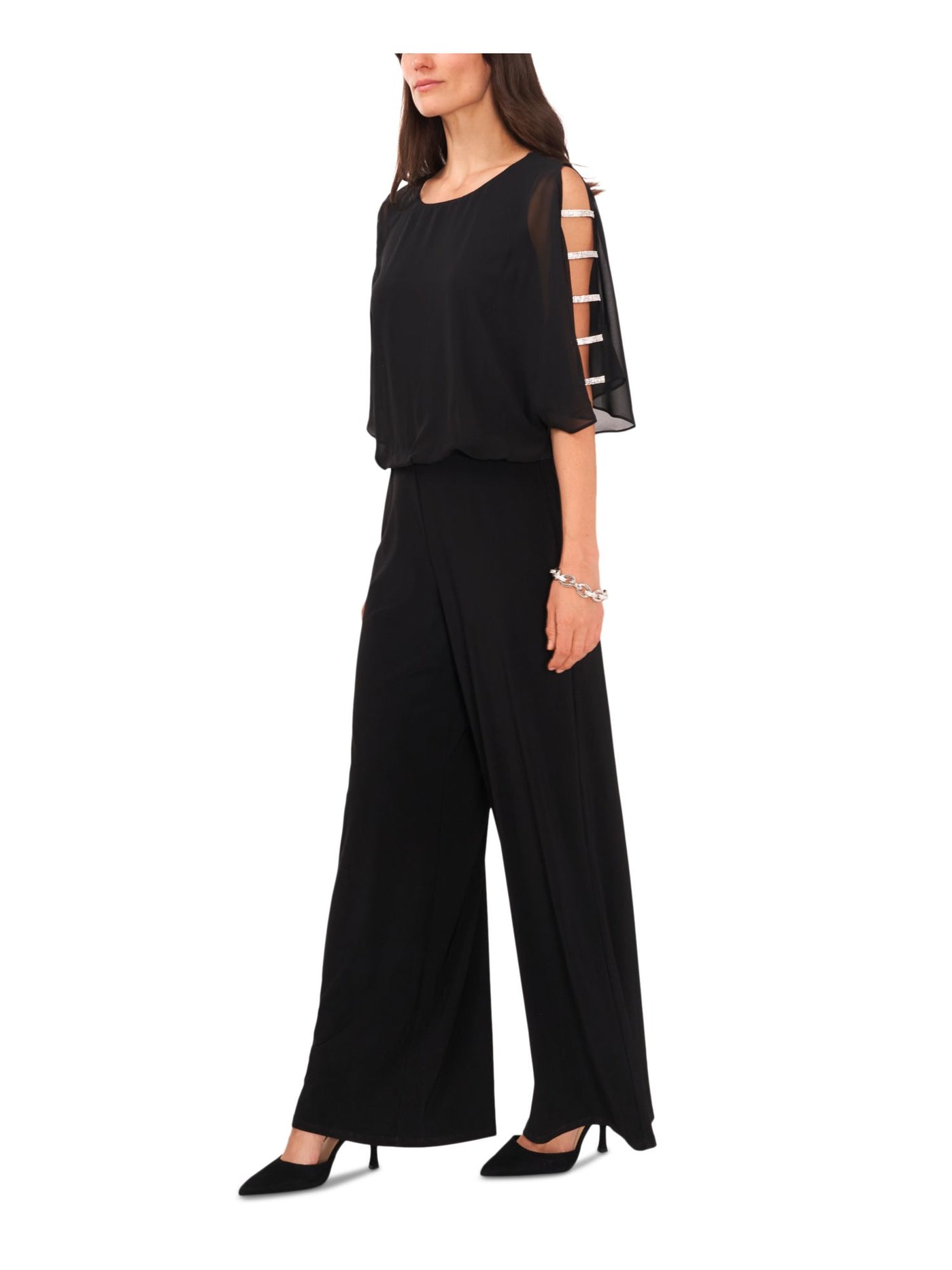 MSK Womens Black Zippered Embellished Ladder-sleeve Round Neck Party Wide Leg Jumpsuit XL