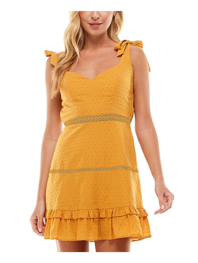 CITY STUDIO Womens Yellow Textured Ruffled Lace Insets Tie At Shoulder Sleeveless Sweetheart Neckline Mini Fit + Flare Dress S