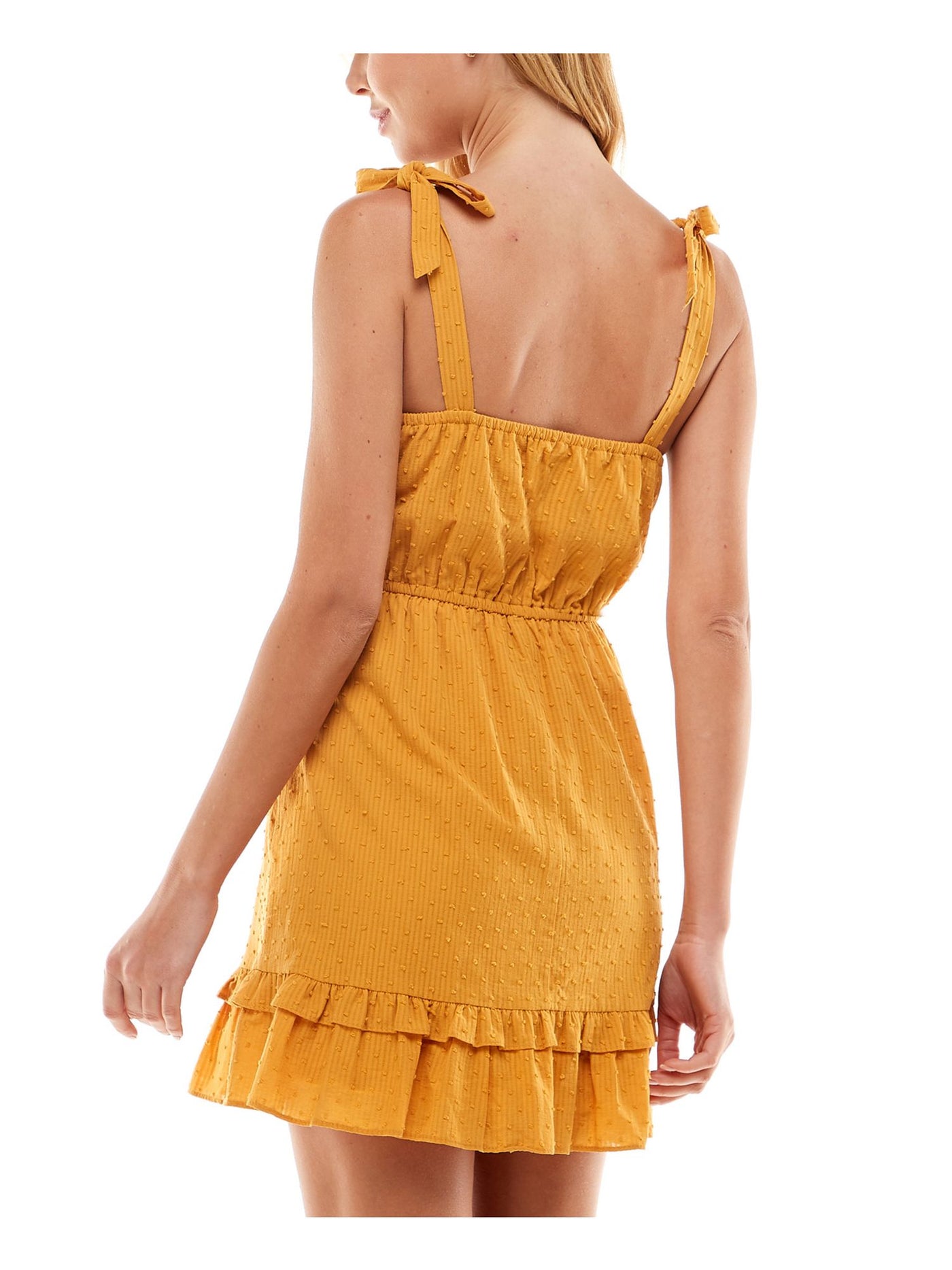 CITY STUDIO Womens Yellow Textured Ruffled Lace Insets Tie At Shoulder Sleeveless Sweetheart Neckline Mini Fit + Flare Dress M