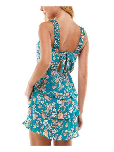 CITY STUDIO Womens Turquoise Ruffled Open Back Straight Neckline Back Tie Lined Floral Sleeveless Short Evening Fit + Flare Dress XL