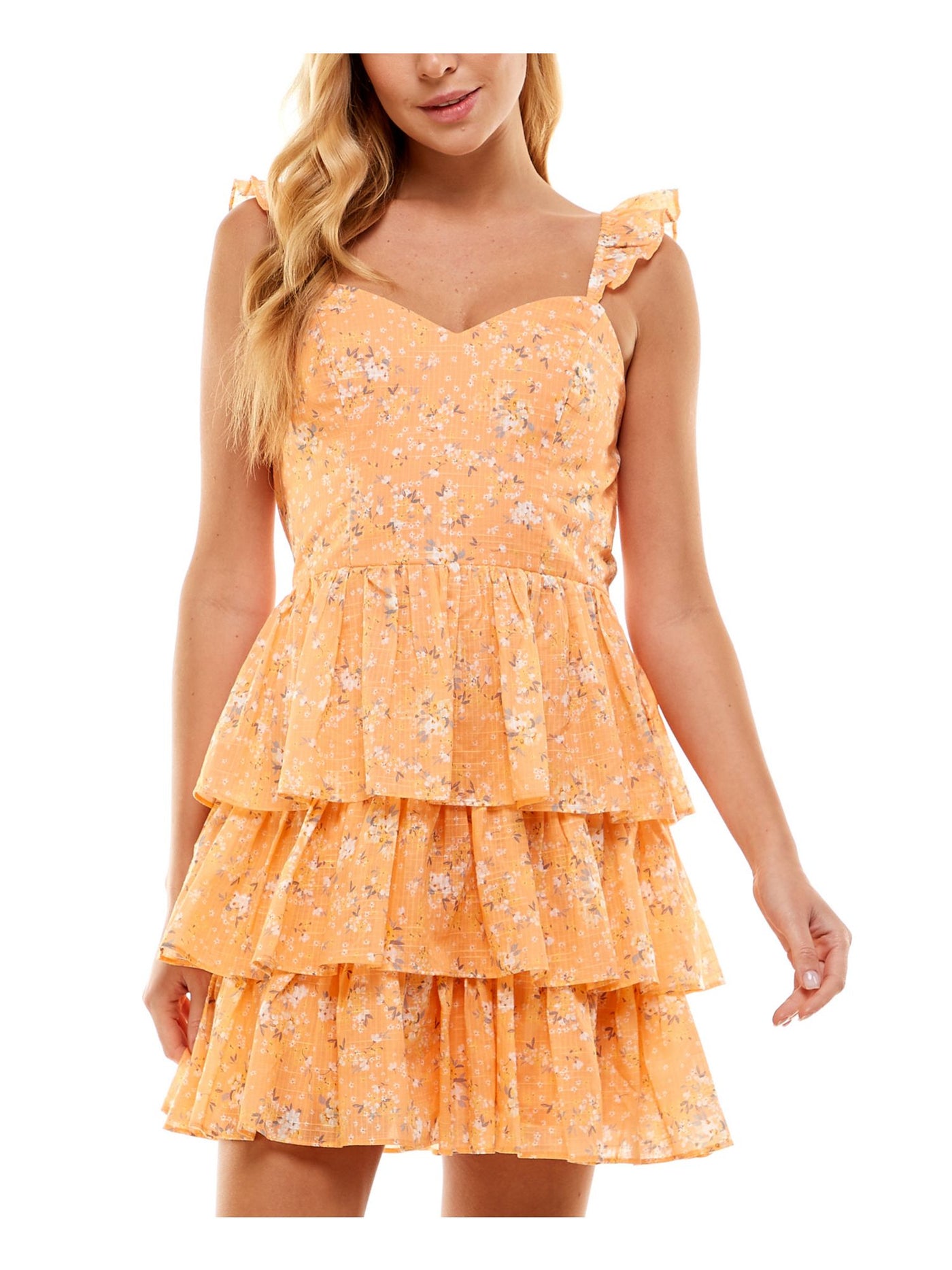 CITY STUDIO Womens Orange Ruffled Tiered Skirt Lined Floral Sleeveless Sweetheart Neckline Short Fit + Flare Dress XXS