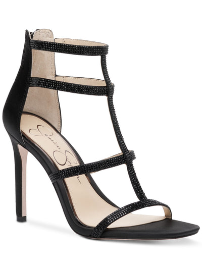 JESSICA SIMPSON Womens Black Mixed Media Caged Strappy Rhinestone Padded Oliana Open Toe Stiletto Zip-Up Dress Heeled Sandal 9 M