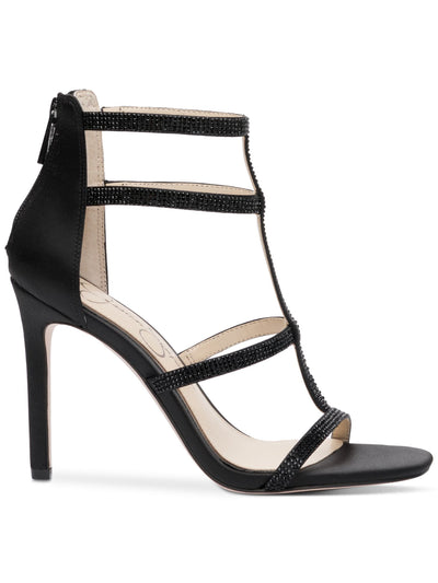 JESSICA SIMPSON Womens Black Mixed Media Caged Strappy Rhinestone Padded Oliana Open Toe Stiletto Zip-Up Dress Heeled Sandal 9 M