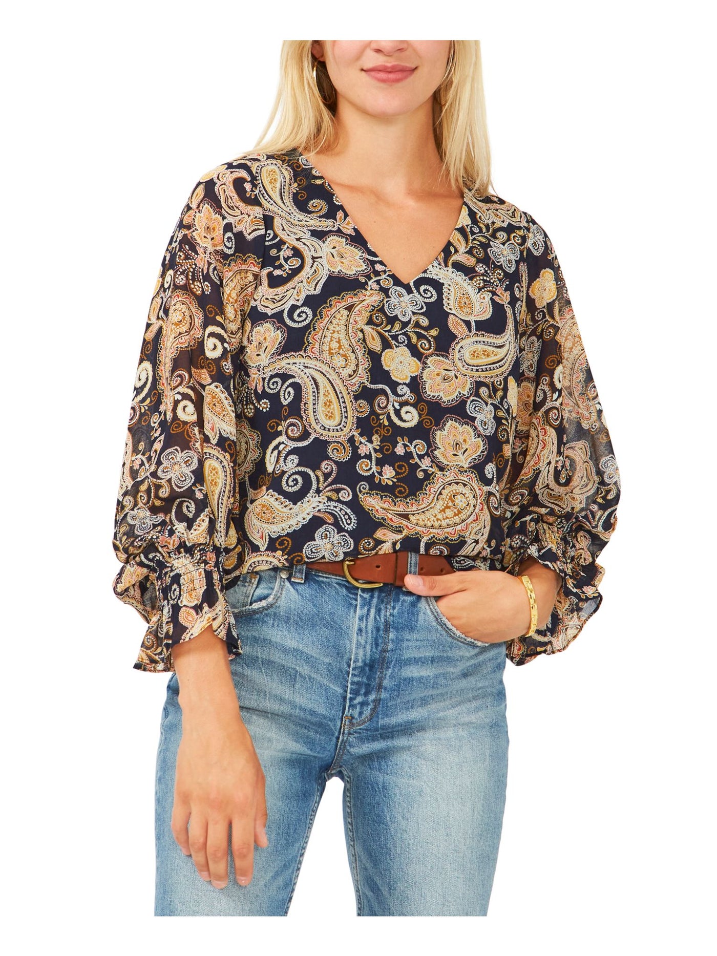 VINCE CAMUTO Womens Smocked Blouson Sleeve V Neck Wear To Work Blouse