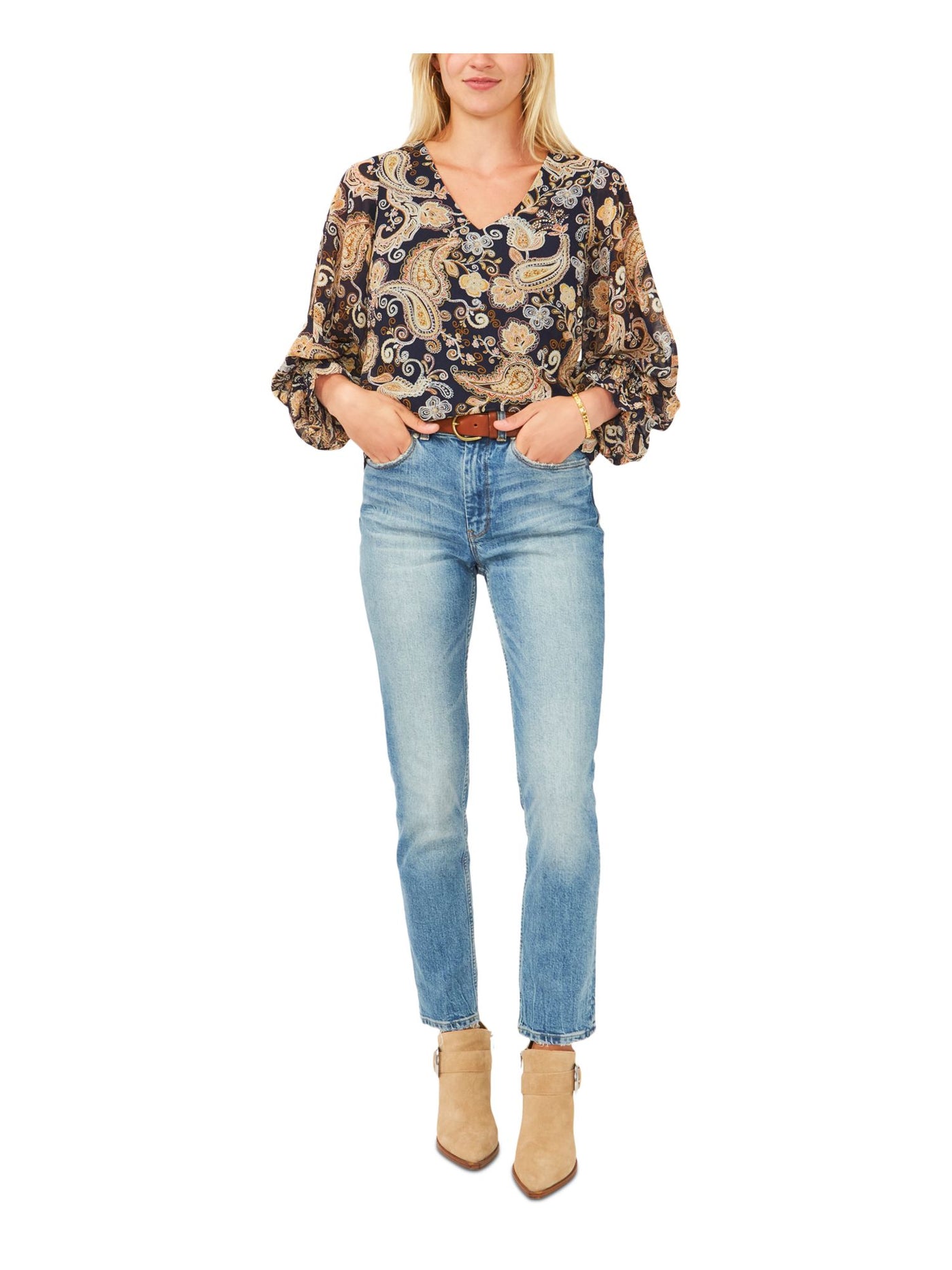 VINCE CAMUTO Womens Smocked Blouson Sleeve V Neck Wear To Work Blouse