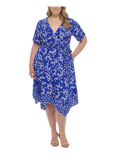 JESSICA HOWARD Womens Blue Zippered Pleated Tie Waist Handkerchief Hem Floral Elbow Sleeve Surplice Neckline Tea-Length Fit + Flare Dress Plus 18W