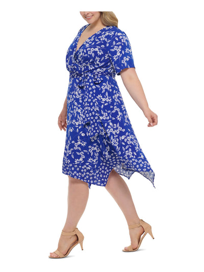 JESSICA HOWARD Womens Blue Zippered Pleated Tie Waist Handkerchief Hem Floral Elbow Sleeve Surplice Neckline Tea-Length Fit + Flare Dress Plus 18W