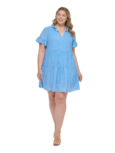 DKNY Womens Light Blue Ruffled Textured Tiered Lined Pullover Polka Dot Flutter Sleeve Split Above The Knee Baby Doll Dress Plus 20W