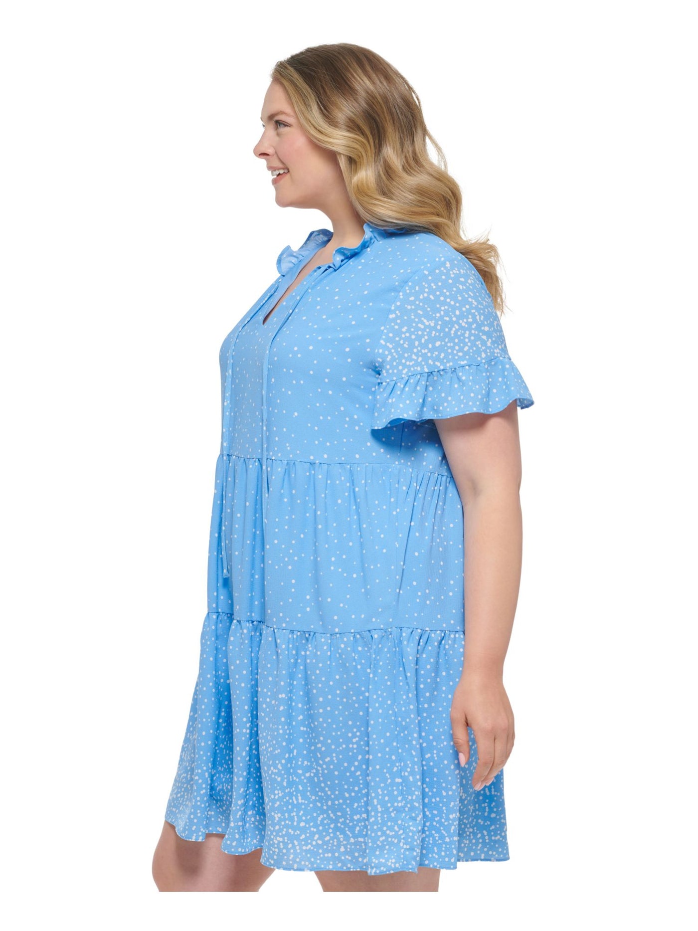 DKNY Womens Blue Ruffled Textured Tiered Lined Pullover Polka Dot Flutter Sleeve Split Above The Knee Baby Doll Dress Plus 22W