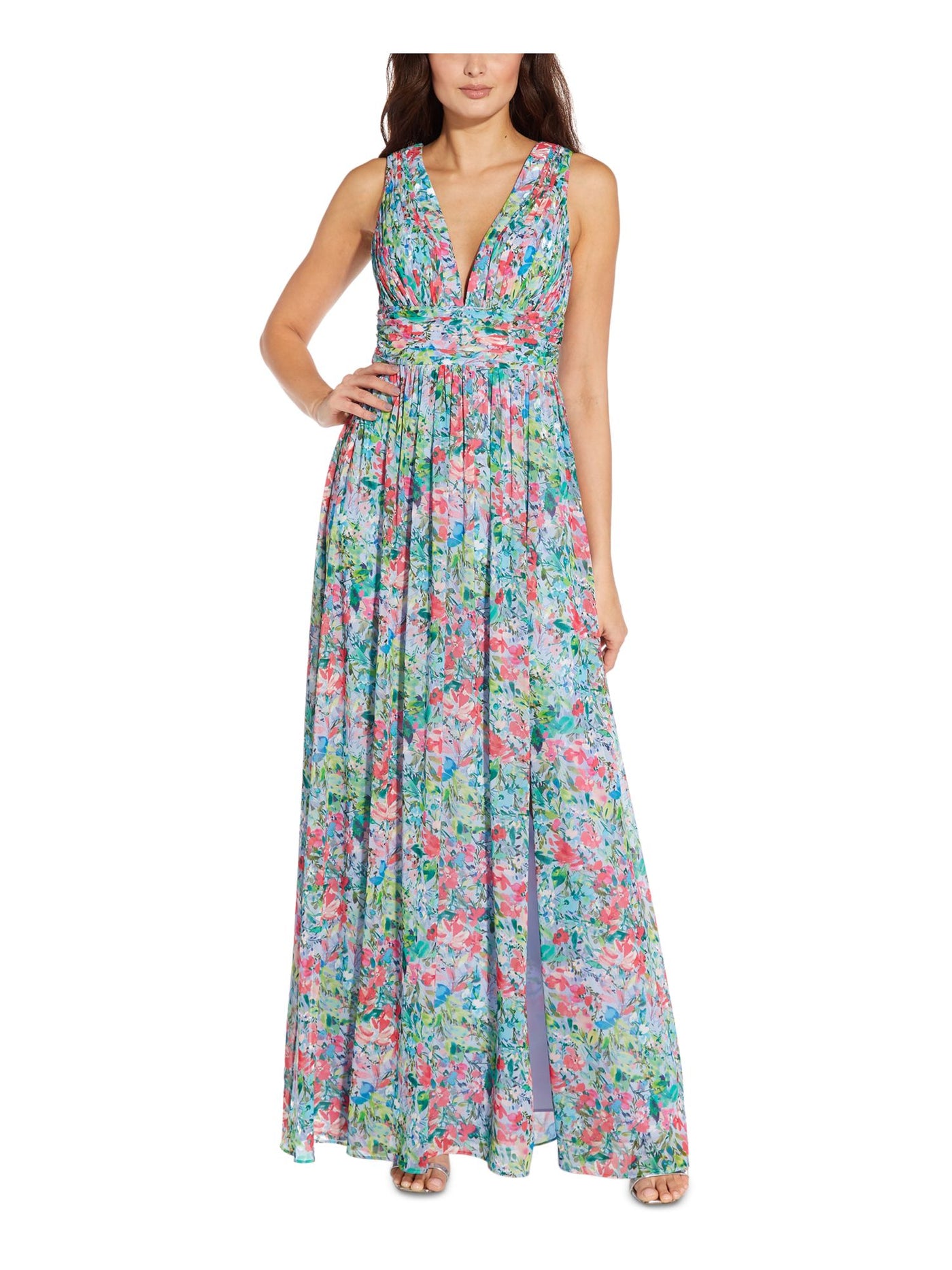 AIDAN AIDAN MATTOX Womens Blue Pleated Zippered Sheer Slitted Lined Floral Sleeveless V Neck Full-Length Evening Gown Dress 6