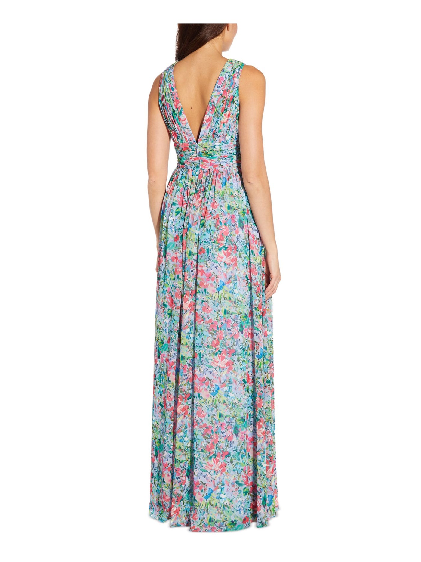 AIDAN AIDAN MATTOX Womens Blue Pleated Zippered Sheer Slitted Lined Floral Sleeveless V Neck Full-Length Evening Gown Dress 6