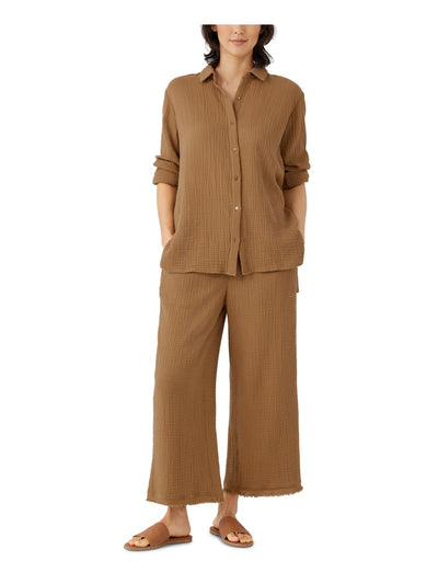 EILEEN FISHER Womens Brown Textured Unlined Vented Step Hem Cuffed Sleeve Collared Button Up Top Petites PM