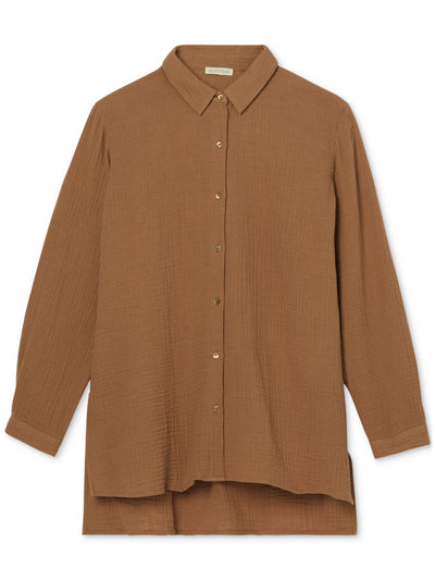 EILEEN FISHER Womens Brown Textured Unlined Vented Step Hem Cuffed Sleeve Collared Button Up Top Petites PM