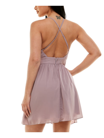 SPEECHLESS Womens Purple Zippered Open Back Crisscross Straps Bra Cups Lined Spaghetti Strap V Neck Short Party Fit + Flare Dress 15