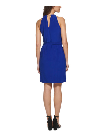 KENSIE DRESSES Womens Blue Gathered Metallic Neck Closure Tie Waist Sleeveless Halter Short Cocktail Faux Wrap Dress 6