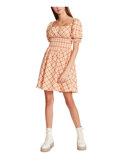 BETSEY JOHNSON Womens Orange Smocked Embroidered Trim Plaid Pouf Sleeve Square Neck Short Fit + Flare Dress S