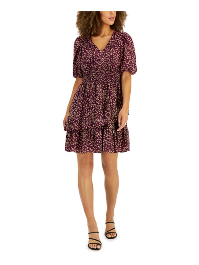 TAYLOR Womens Purple Lined Smocked Tiered Pullover Sheer Ruffled Floral Pouf Sleeve Split Above The Knee Fit + Flare Dress Petites 2P