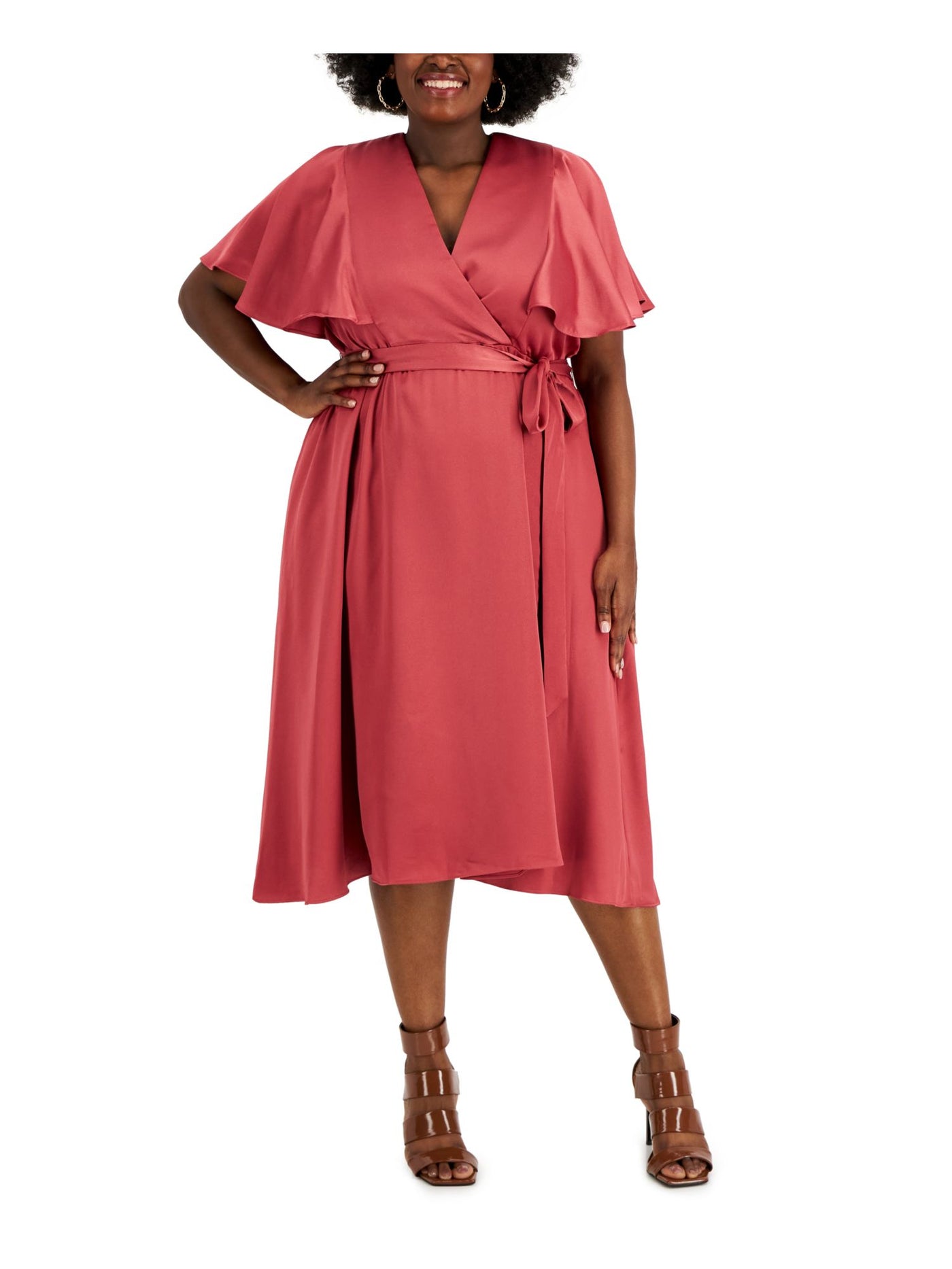 TAYLOR WOMAN Womens Pink Lined Tie Waist Pullover Flutter Sleeve V Neck Below The Knee Cocktail Fit + Flare Dress Plus 24W