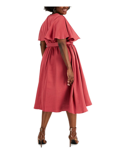 TAYLOR WOMAN Womens Pink Lined Tie Waist Pullover Flutter Sleeve V Neck Below The Knee Cocktail Fit + Flare Dress Plus 24W