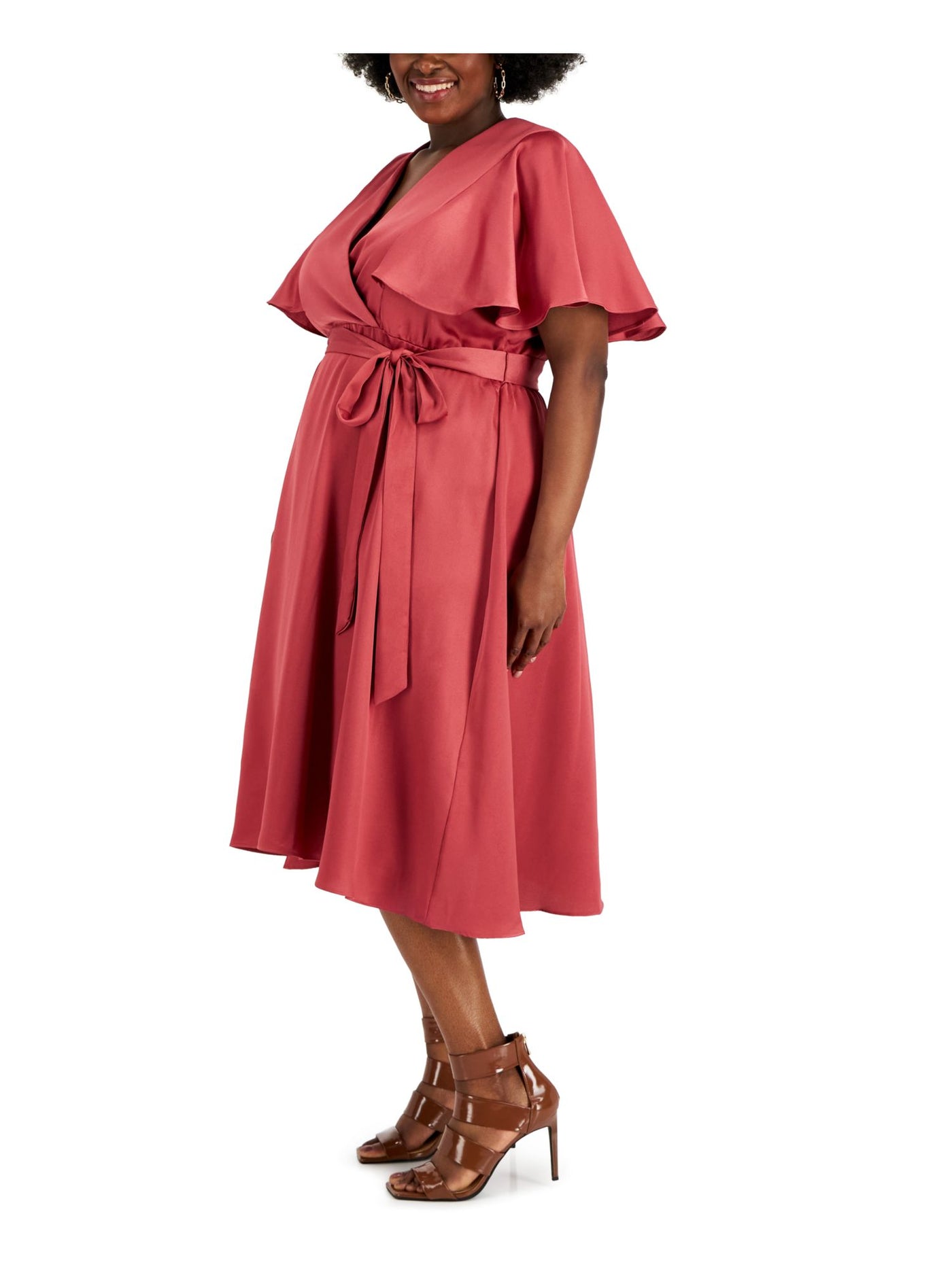 TAYLOR WOMAN Womens Pink Lined Tie Waist Pullover Flutter Sleeve V Neck Below The Knee Cocktail Fit + Flare Dress Plus 24W