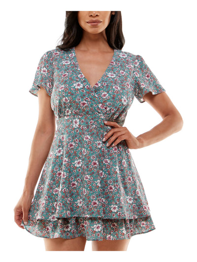EMERALD SUNDAE Womens Green Zippered Lined Tiered Hem Tie-back Floral Flutter Sleeve Surplice Neckline Mini Party Fit + Flare Dress 13