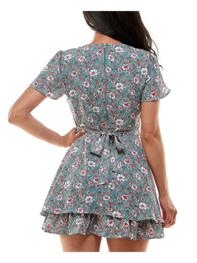EMERALD SUNDAE Womens Green Zippered Lined Tiered Hem Tie-back Floral Flutter Sleeve Surplice Neckline Mini Party Fit + Flare Dress 13