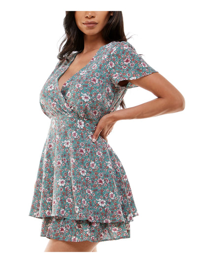 EMERALD SUNDAE Womens Green Zippered Lined Tiered Hem Tie-back Floral Flutter Sleeve Surplice Neckline Mini Party Fit + Flare Dress 13