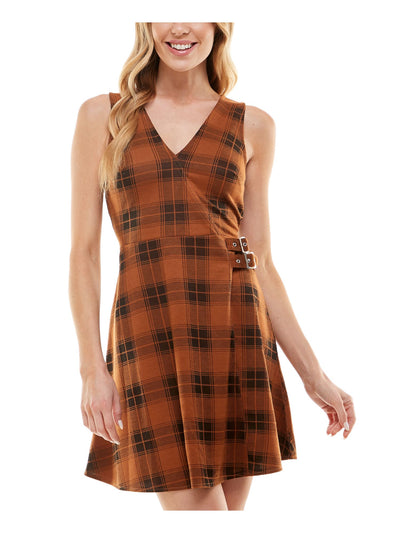 PLANET GOLD Womens Brown Plaid Sleeveless V Neck Short Faux Wrap Dress S