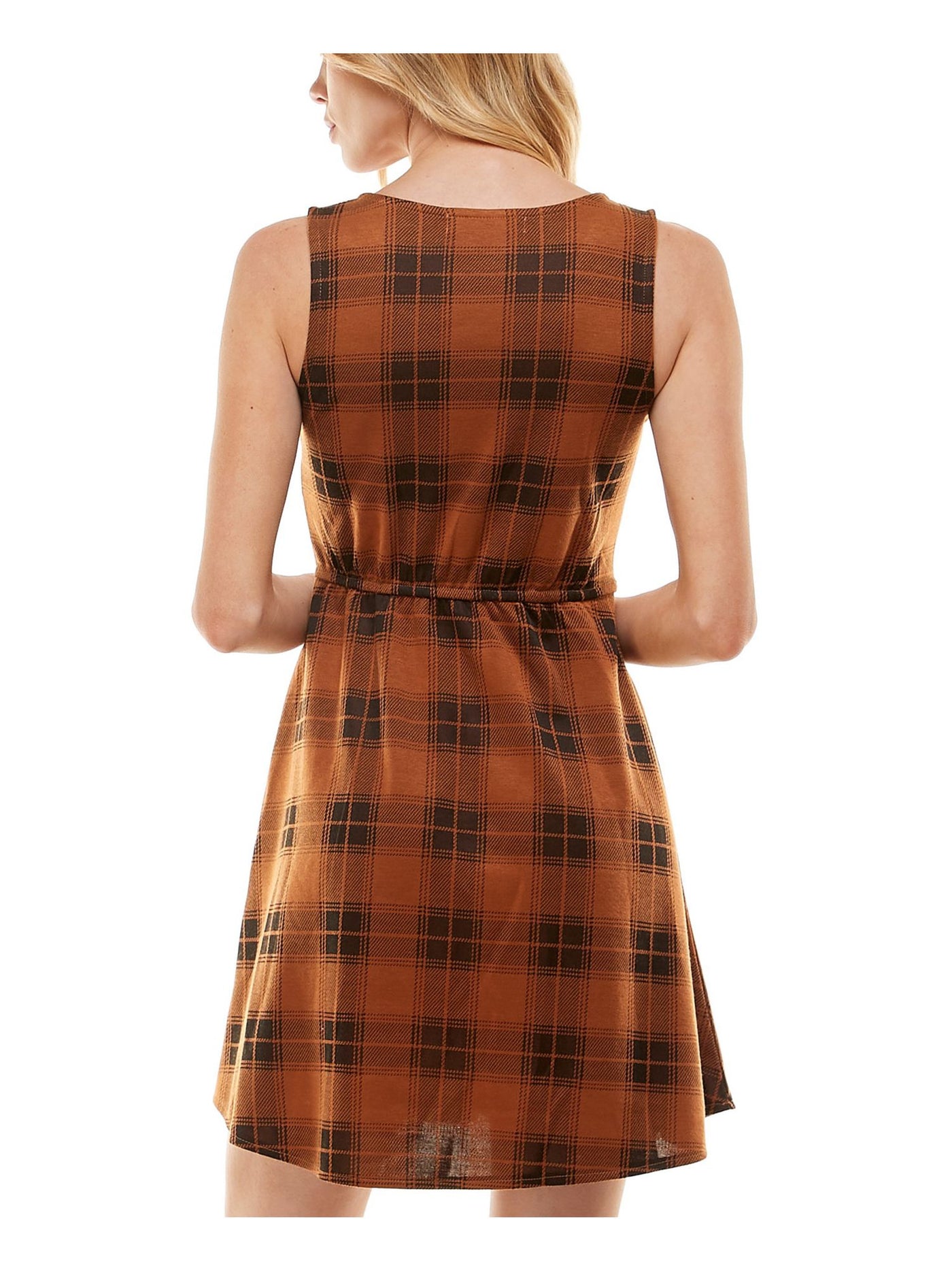 PLANET GOLD Womens Brown Plaid Sleeveless V Neck Short Faux Wrap Dress S