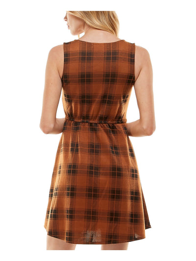 PLANET GOLD Womens Brown Plaid Sleeveless V Neck Short Faux Wrap Dress S