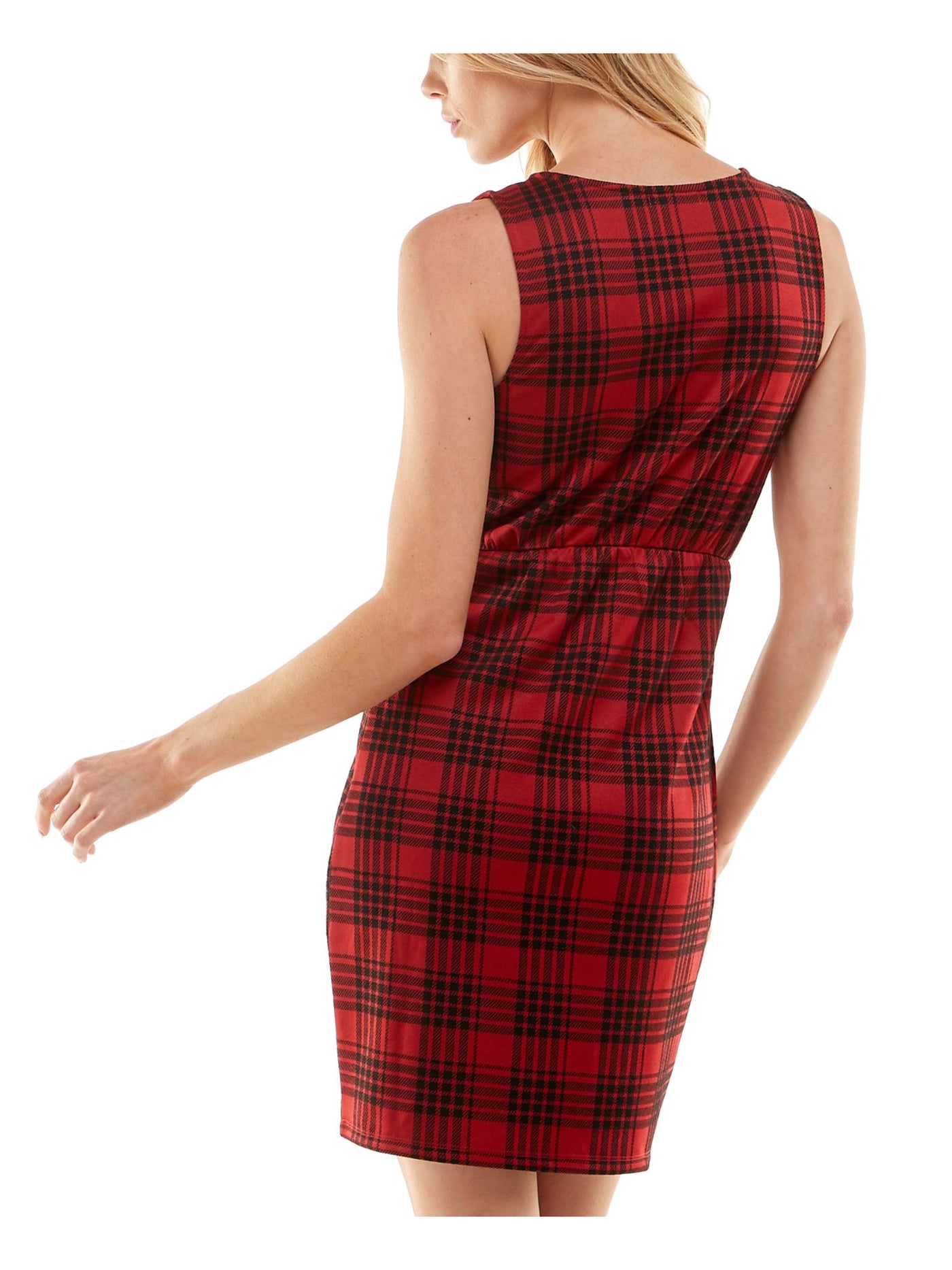 PLANET GOLD Womens Red Unlined Front Half-zip Closure Plaid Sleeveless V Neck Short Body Con Dress S