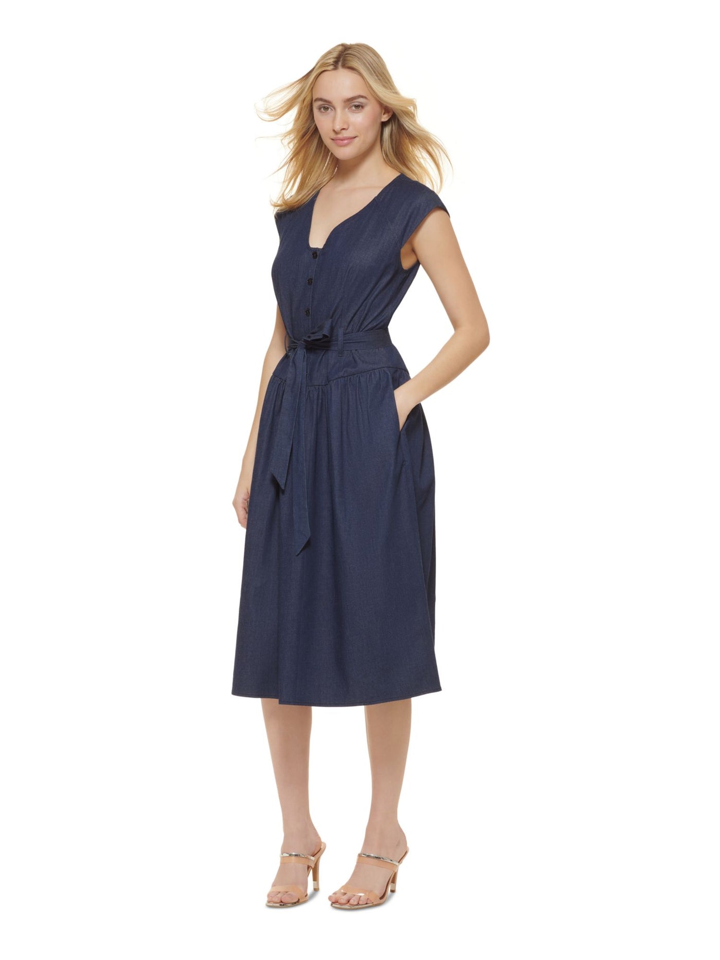 DKNY Womens Blue Zippered Pocketed Button Details Tie Belt Cap Sleeve V Neck Midi Wear To Work Fit + Flare Dress 2