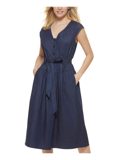 DKNY Womens Blue Zippered Pocketed Button Details Tie Belt Cap Sleeve V Neck Midi Wear To Work Fit + Flare Dress 2