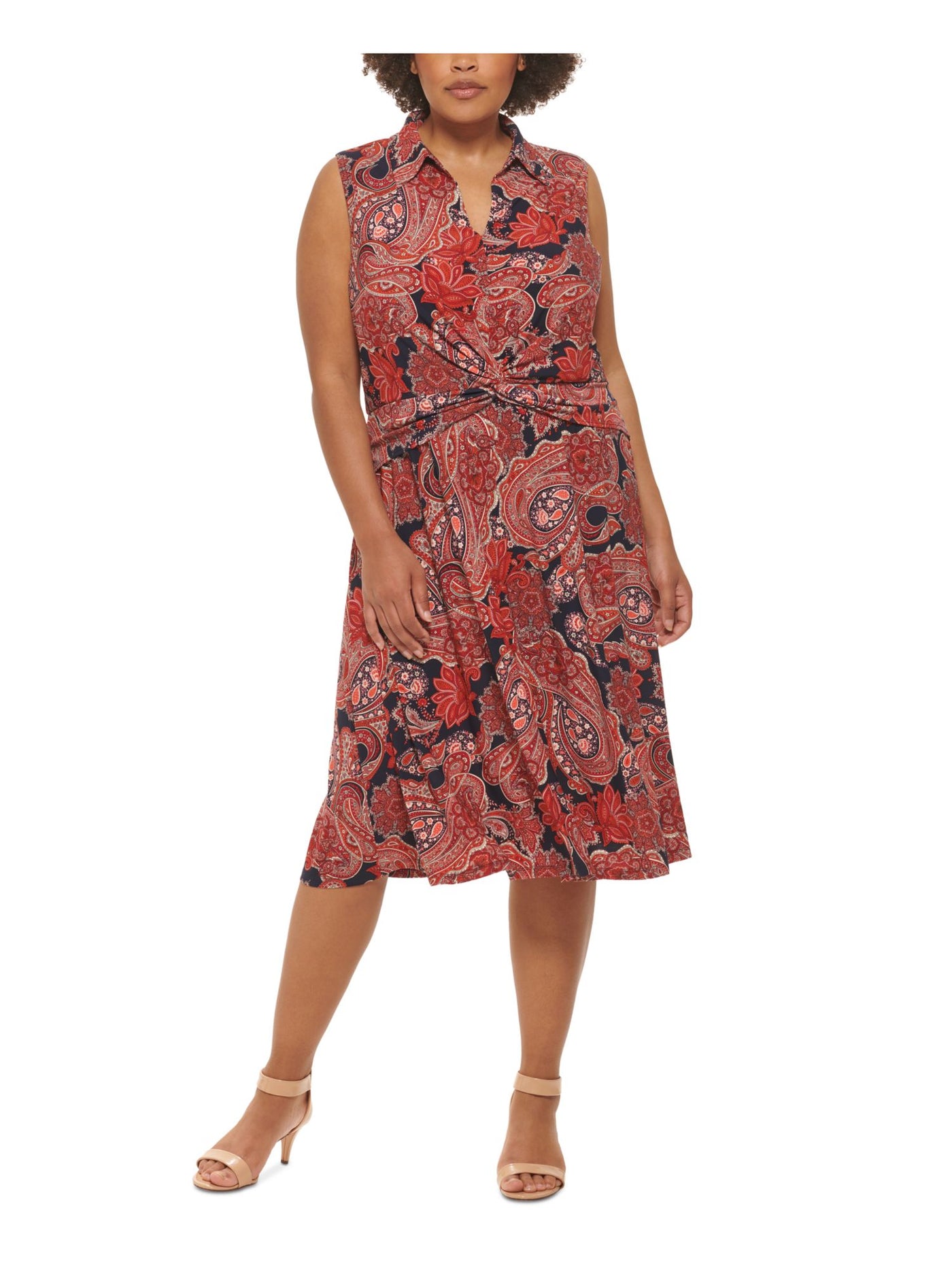 TOMMY HILFIGER Womens Navy Twist Front Paisley Sleeveless V Neck Midi Fit + Flare Dress Plus 16W