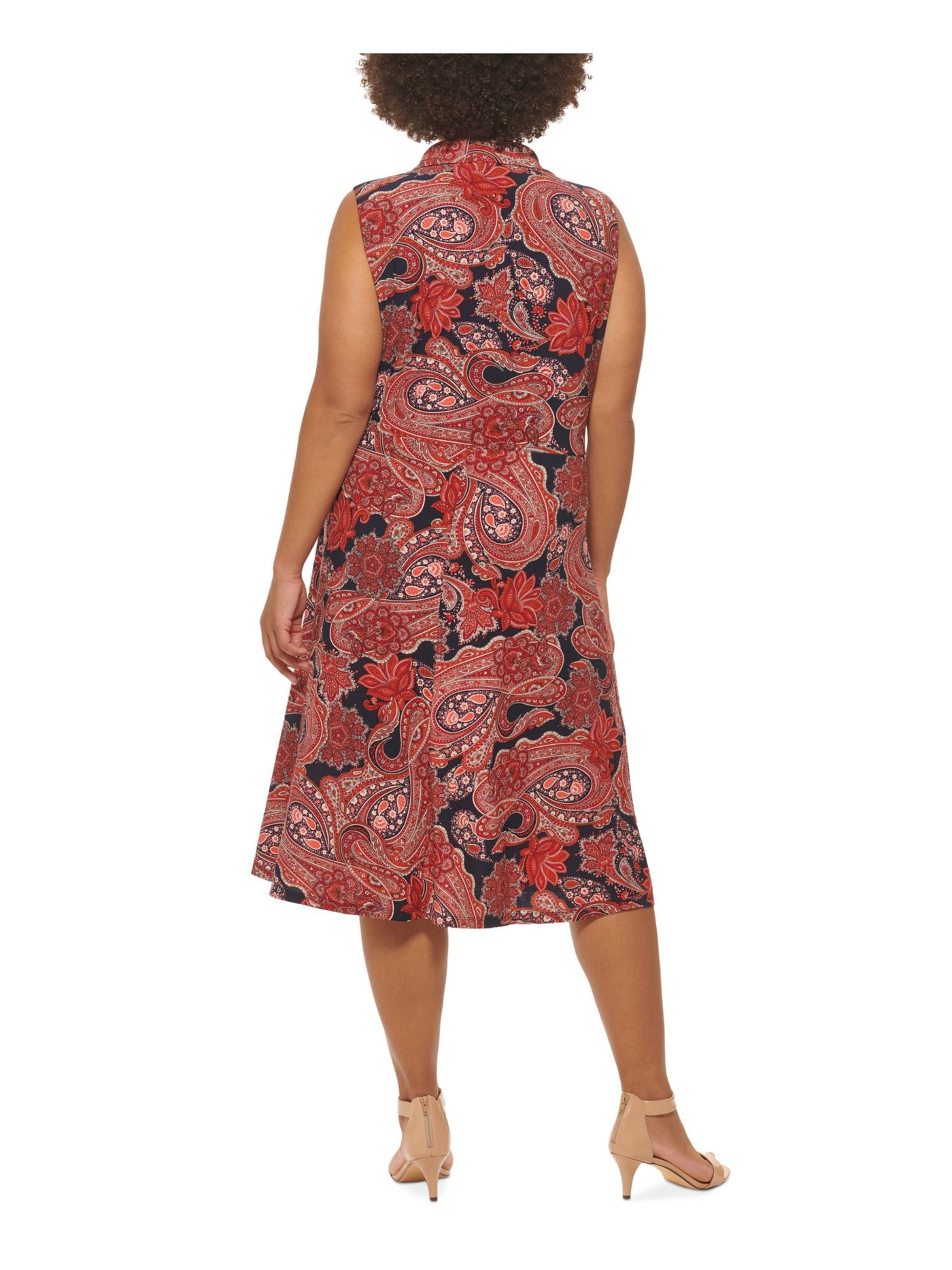 TOMMY HILFIGER Womens Navy Twist Front Paisley Sleeveless V Neck Midi Fit + Flare Dress Plus 16W