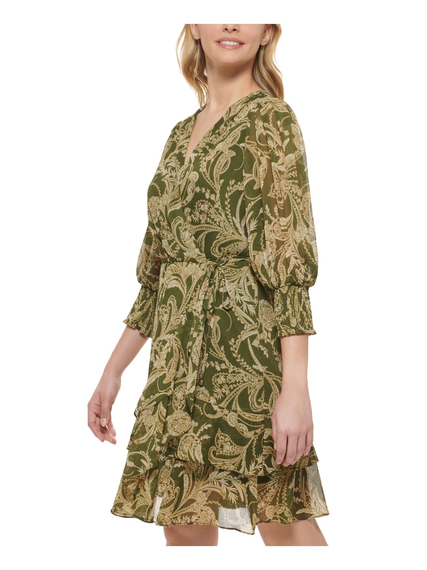 TOMMY HILFIGER Womens Green Zippered Lined Sheer Tie Belt Wrap Look Floral 3/4 Sleeve Surplice Neckline Above The Knee Fit + Flare Dress 14