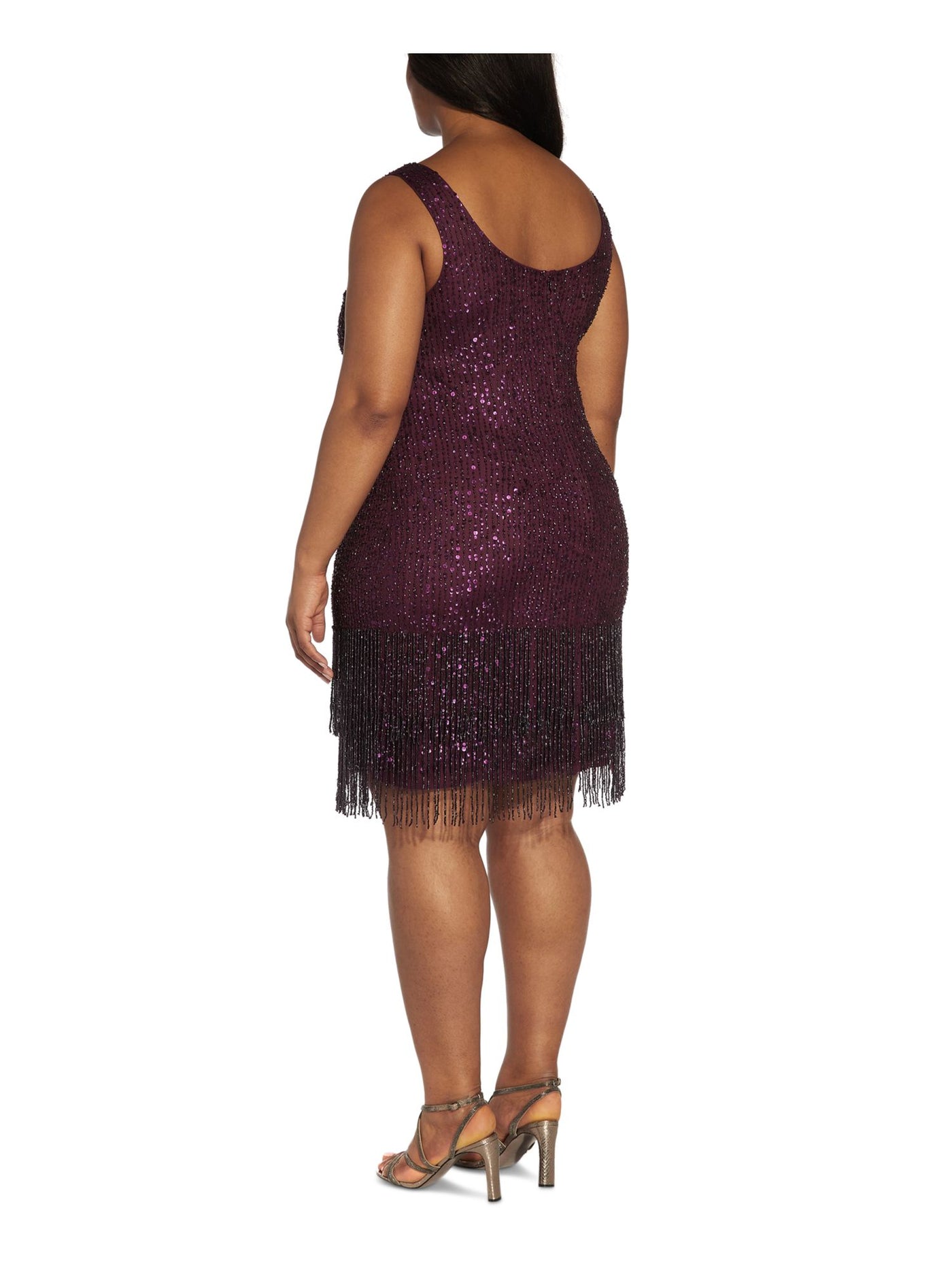 ADRIANNA PAPELL Womens Burgundy Sequined Zippered Beaded Fringe Lined Sleeveless Jewel Neck Above The Knee Party Sheath Dress 22W