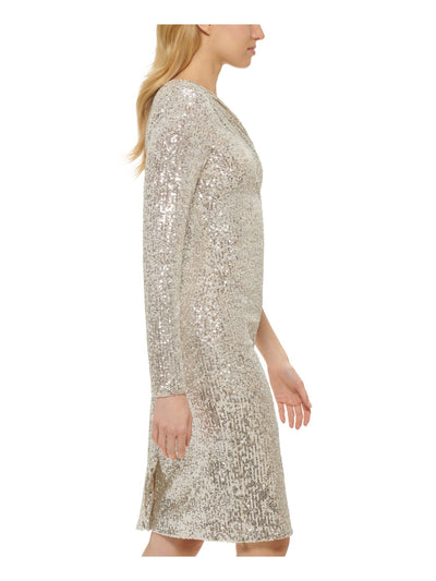 VINCE CAMUTO Womens Silver Gathered Lined Long Sleeve Asymmetrical Neckline Knee Length Cocktail Sheath Dress 2