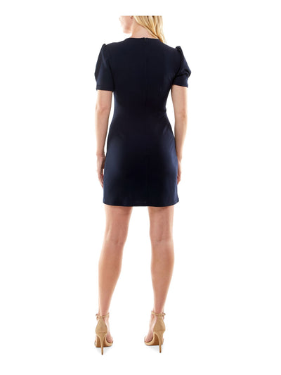 SPEECHLESS Womens Navy Stretch Zippered Cinched-waist Unlined Pouf Sleeve Crew Neck Mini Sheath Dress XS