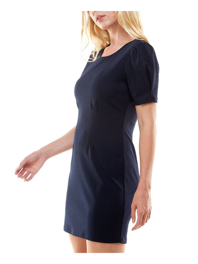 SPEECHLESS Womens Navy Stretch Zippered Cinched-waist Unlined Pouf Sleeve Crew Neck Mini Sheath Dress XS