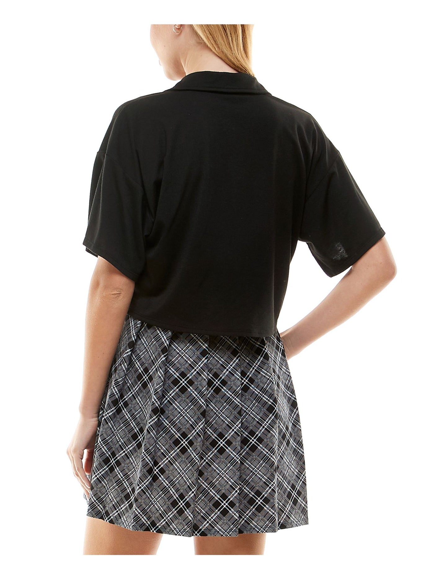KINGSTON GREY Womens Black Pleated Collared Short Sleeve Crop Top Sleeveless Short Fit + Flare Dress XXS