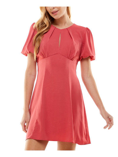 CITY STUDIO Womens Coral Zippered Lined Open Tie Back Pouf Sleeve Keyhole Short Fit + Flare Dress 9