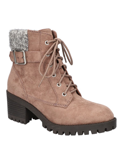 BELLA VITA Womens Beige Contrast Knit Topline Combat Hiking-Inspired Lace-Up Front Buckled Strap Lug Sole Padded Ethel Round Toe Block Heel Zip-Up Booties 9.5 WW