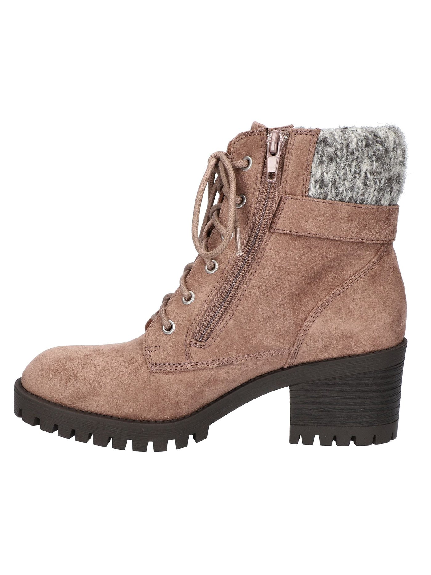 BELLA VITA Womens Beige Contrast Knit Topline Combat Hiking-Inspired Lace-Up Front Buckled Strap Lug Sole Padded Ethel Round Toe Block Heel Zip-Up Booties 9.5 WW