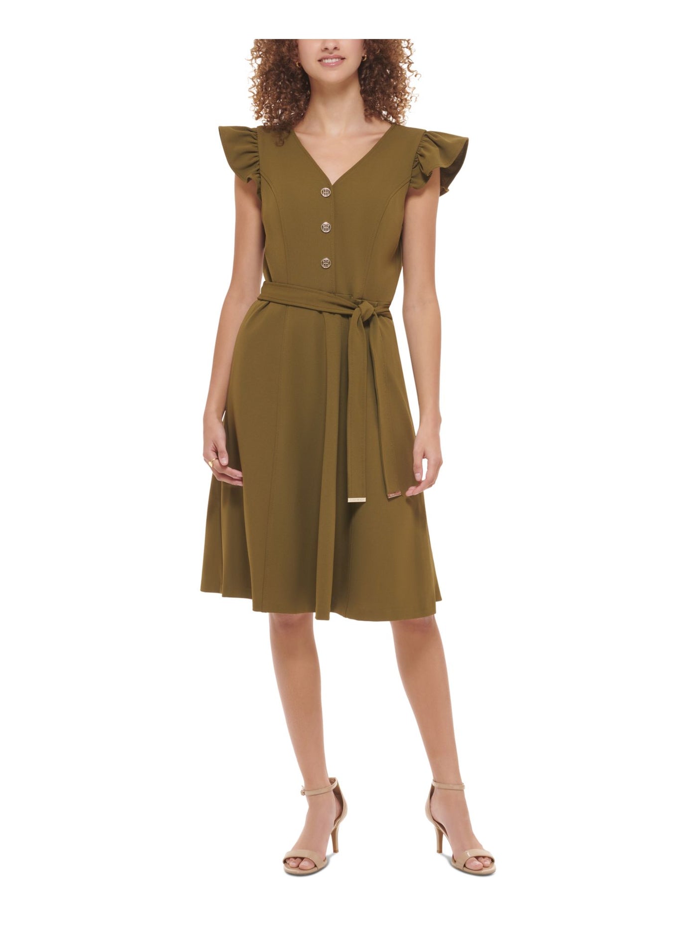 TOMMY HILFIGER Womens Green Zippered Ruffled Logo Button Detail Tie Belt Flutter Sleeve V Neck Knee Length Fit + Flare Dress 4